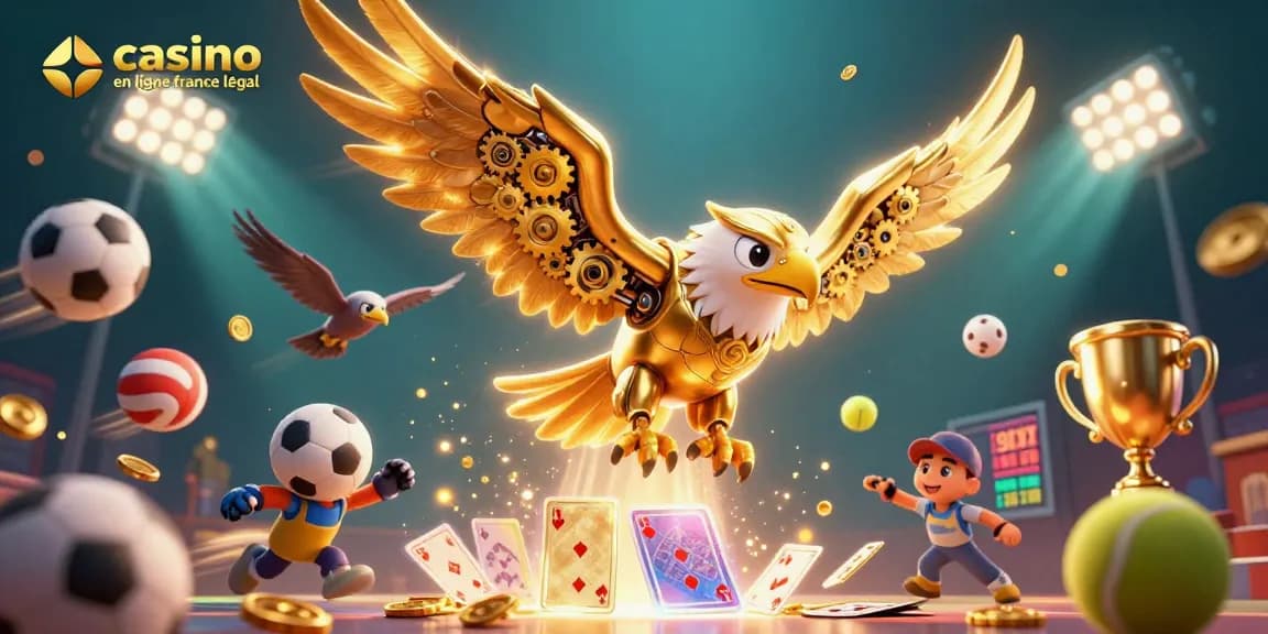 Jouer au casino en ligne France légal avec un aigle cybernétique et des cartes holographiques.