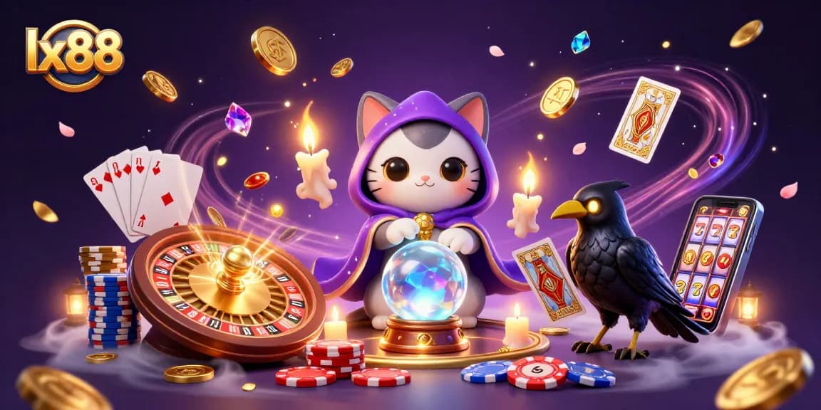 Engage with lx88's vibrant casino scene showcasing a mystic fortune teller, tarot raven, and dazzling game elements.