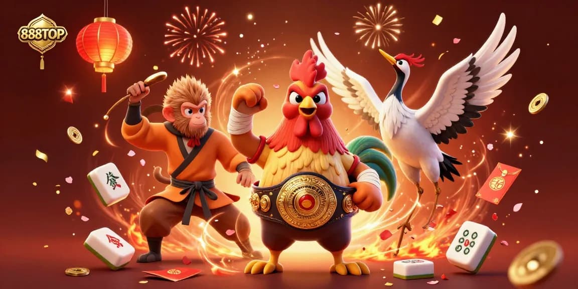 Engage with the excitement at 888TOP featuring dynamic characters and festive elements in a vibrant casino setting.