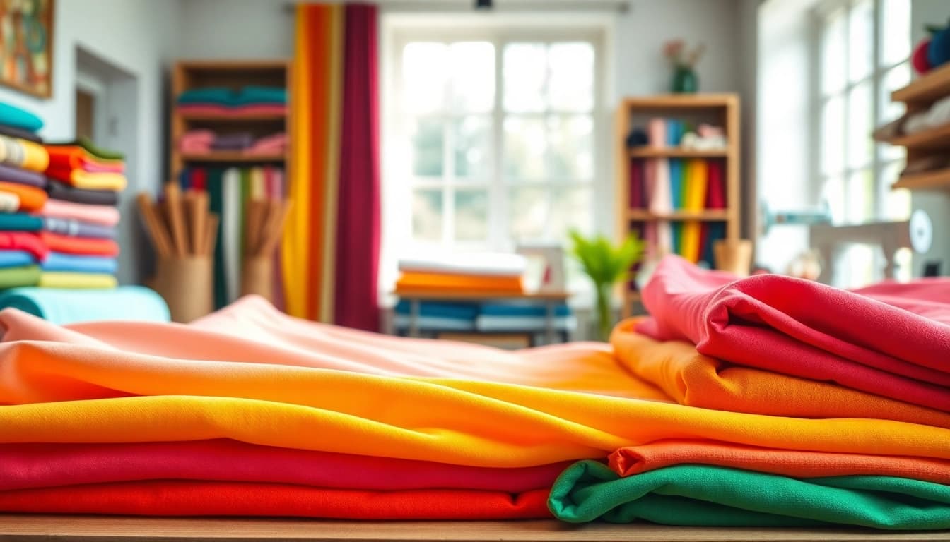 Verschillende jogging stoffen in rijke kleuren gepresenteerd in een stoffenwinkel.