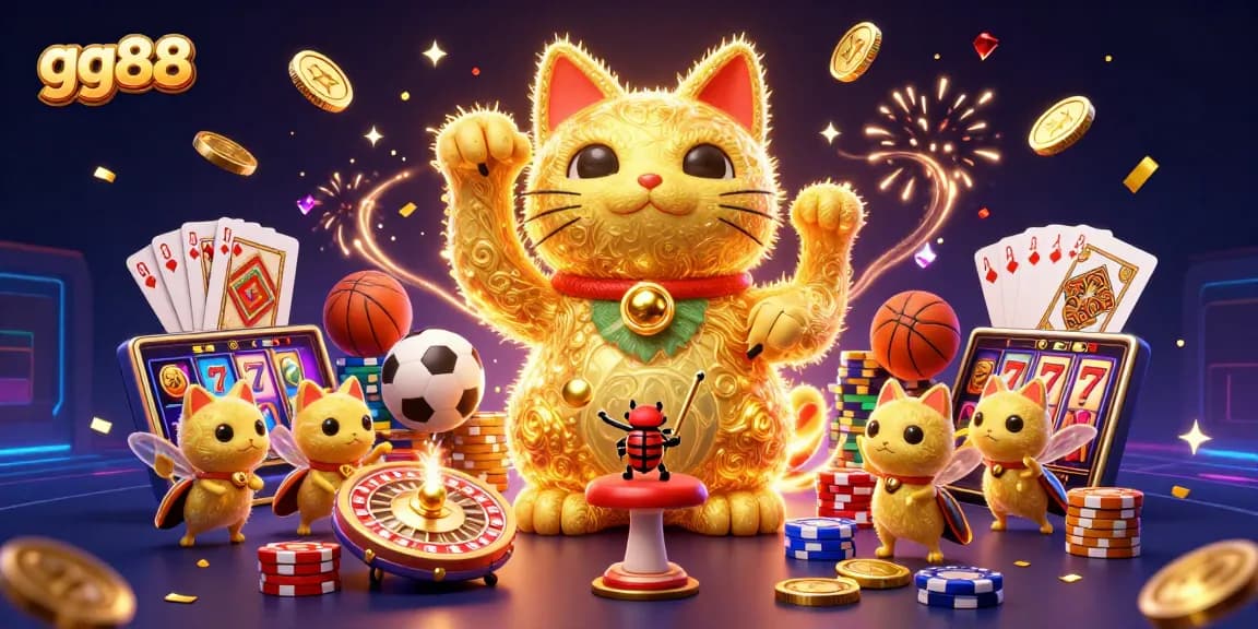 Place your bets at gg88 with our dynamic casino scene featuring a lucky cat and sports betting fun.