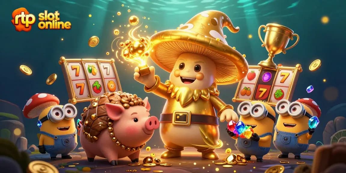 Memainkan rtp slot online dengan karakter-seperti penyihir emas besar dan simbol slot mengelilingi mereka.