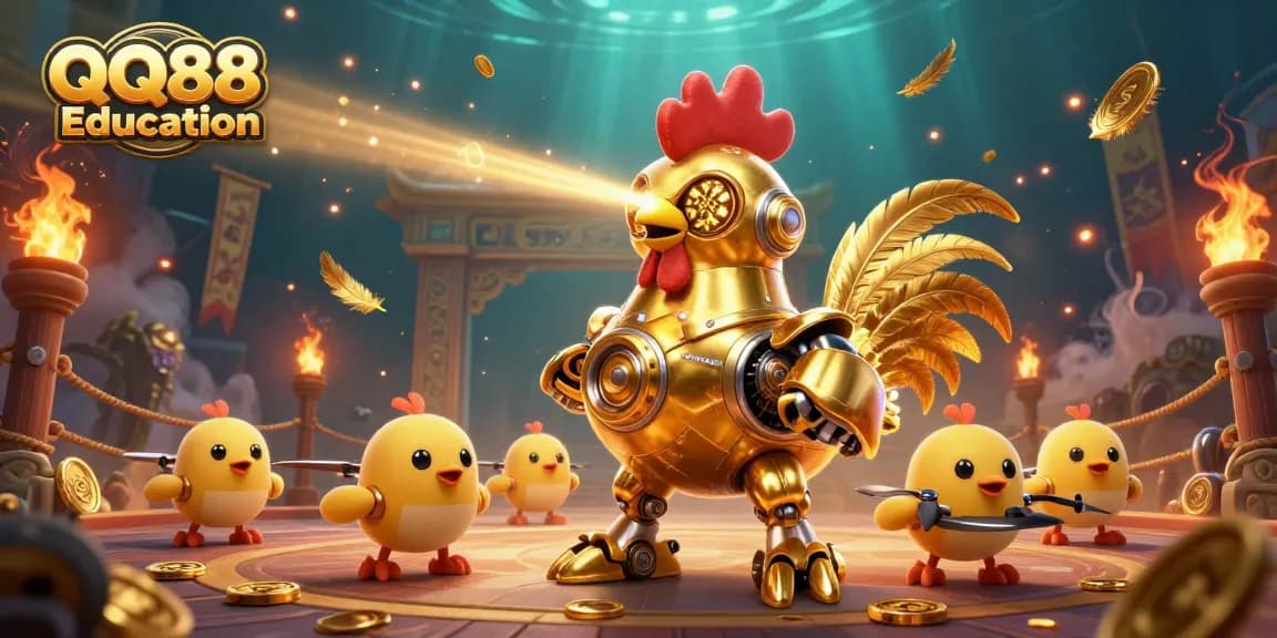 Engage in thrilling gameplay at QQ88 Education with a futuristic rooster robot and baby chick drones in action.