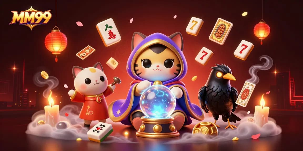 Engage with MM99, the ultimate casino experience with a lively illustration featuring mystic elements and vibrant gameplay.
