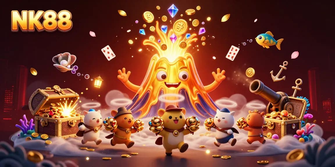 Experience the excitement of NK88 with a dynamic volcano erupting coins and adventurous animals in a vibrant casino scene.
