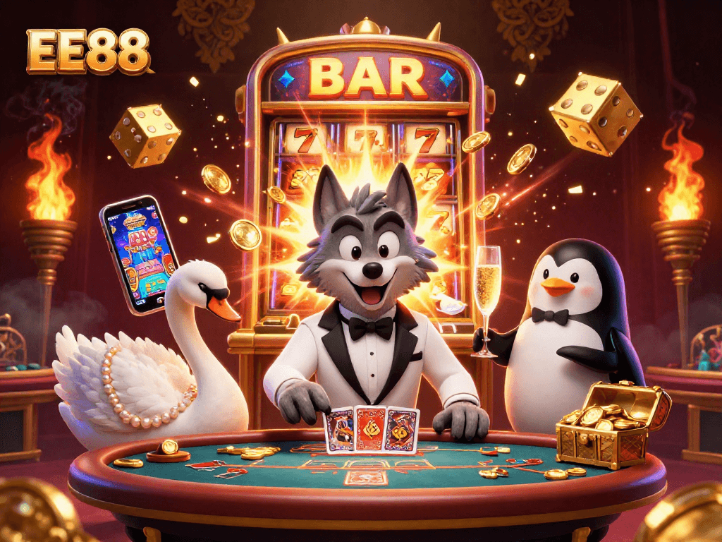 Join the excitement at EE88 with this vibrant 3D illustration of casino characters celebrating together.