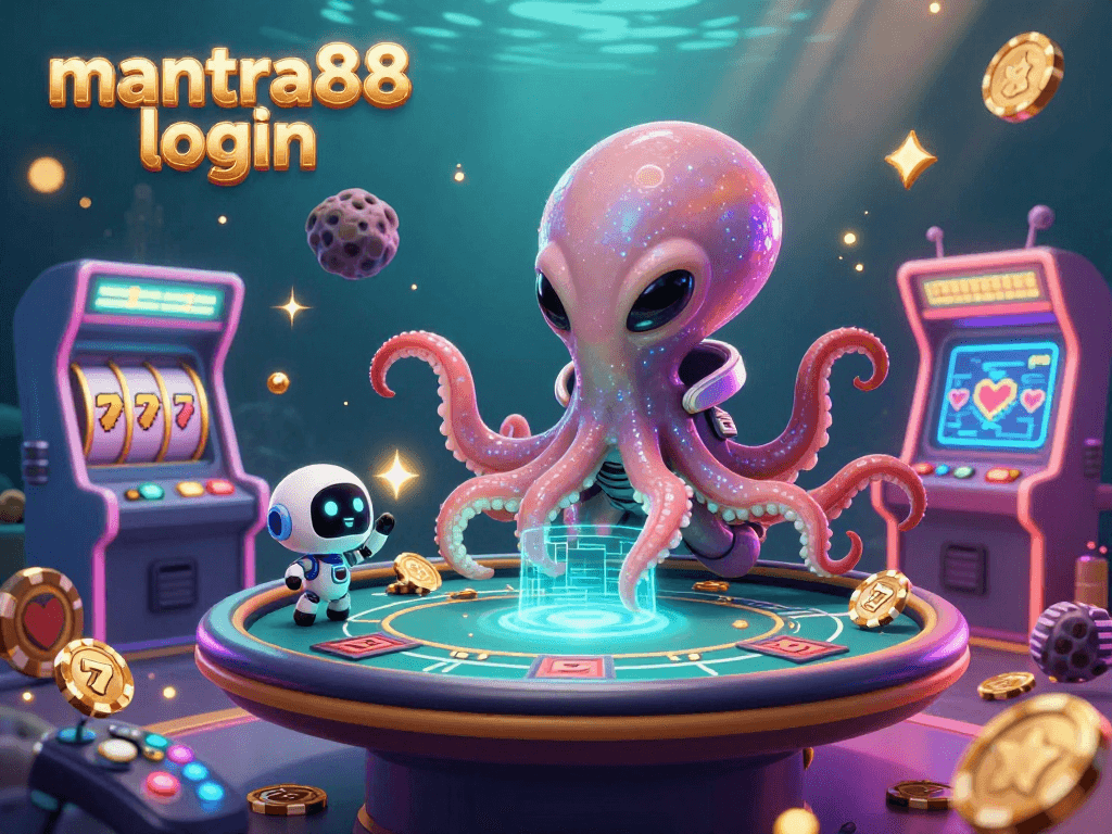 Engage with the thrilling mantra88 login experience as an alien octopus leads an exciting slot game session.