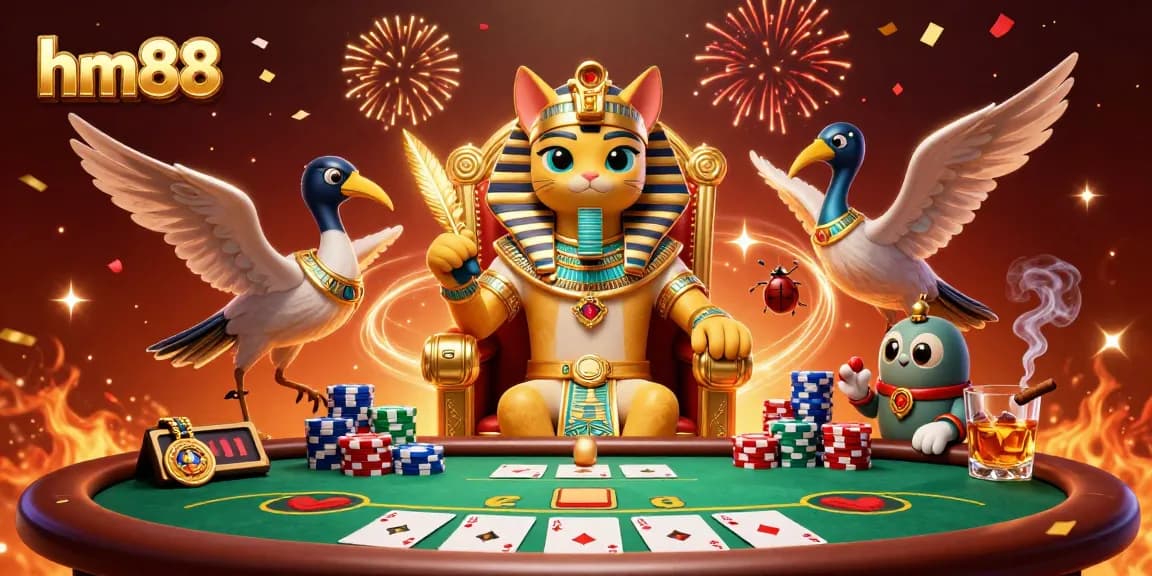 Experience thrilling gameplay at hm88 with a vibrant scene of a pharaoh cat and poker actions.