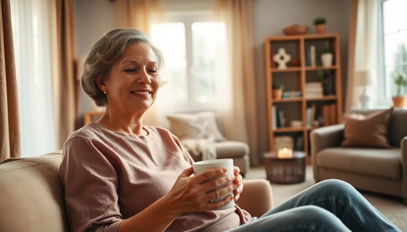 Family caregiver enjoying a break at home, relaxing with a cup of tea to recharge in a cozy setting.