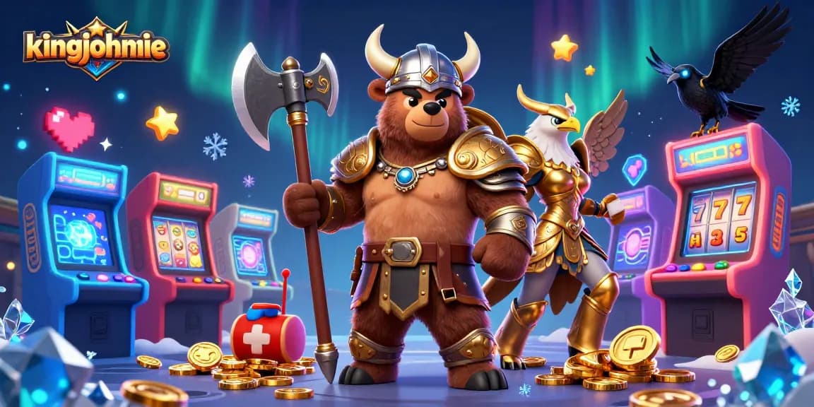 Experience thrilling gameplay with kingjohnnie in a vibrant casino scene featuring Viking characters.