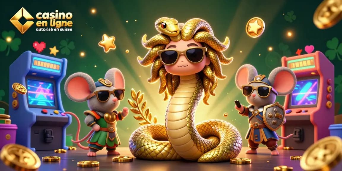 Découvrez le casino en ligne autorisé en Suisse avec cette scène colorée remplie de machines à sous et de personnages animés.