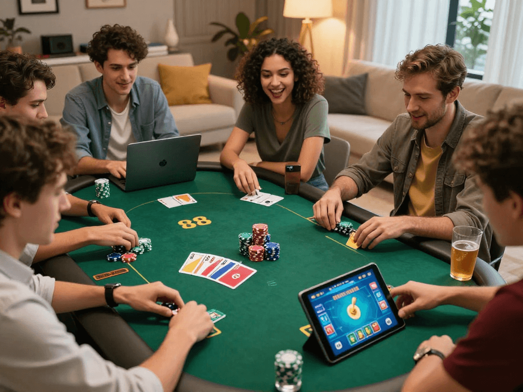 Exciting Poker88 online gaming scene with friends enjoying a vibrant poker night at home.
