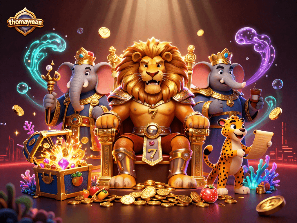 Experience thrilling wins with thomayman in this vibrant 3D casino adventure with cartoon characters and dynamic slot elements.