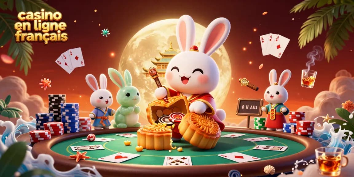 Illustration captivante de casino en ligne français avec des personnages de conte chinois et des jetons de poker.