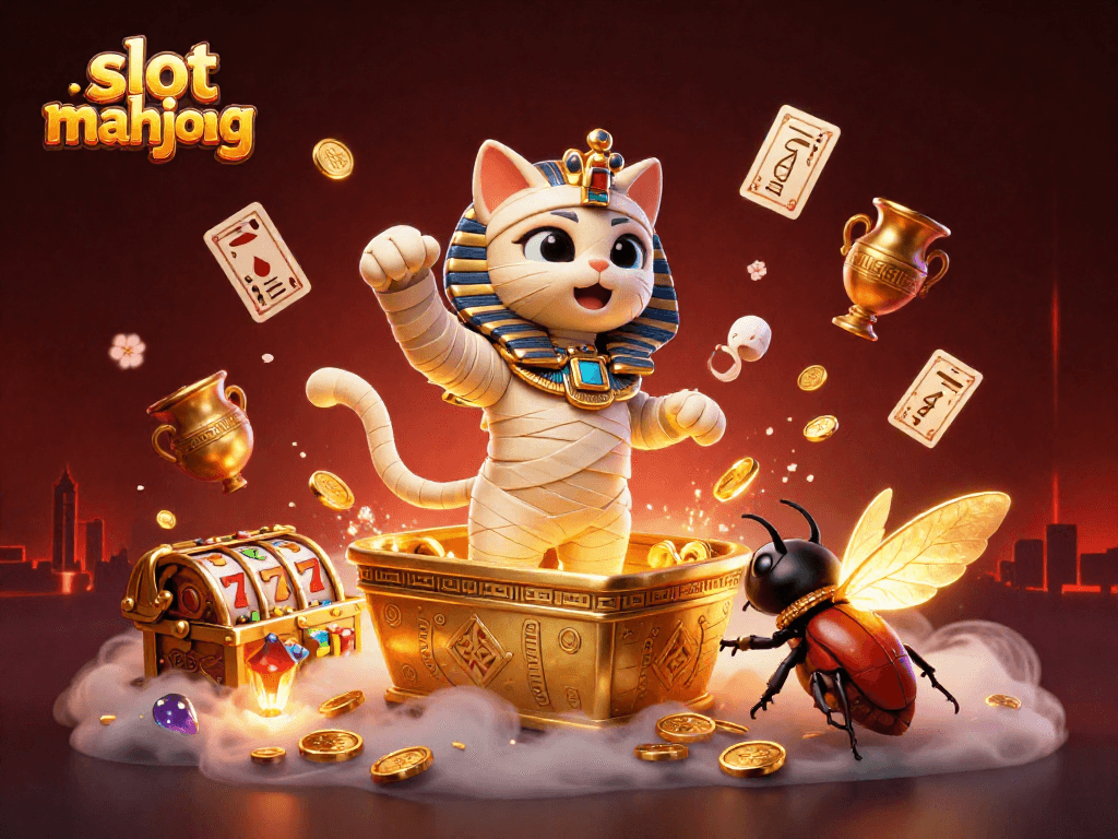 Experience thrilling gameplay in slot mahjong with animated Egyptian mummy cat and casino elements.