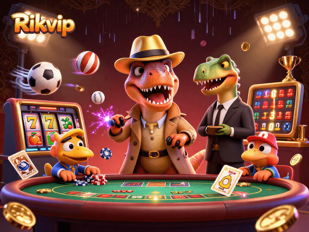 Rikvip velociraptor at blackjack, with a pit boss and a pickpocket in a vibrant scene.