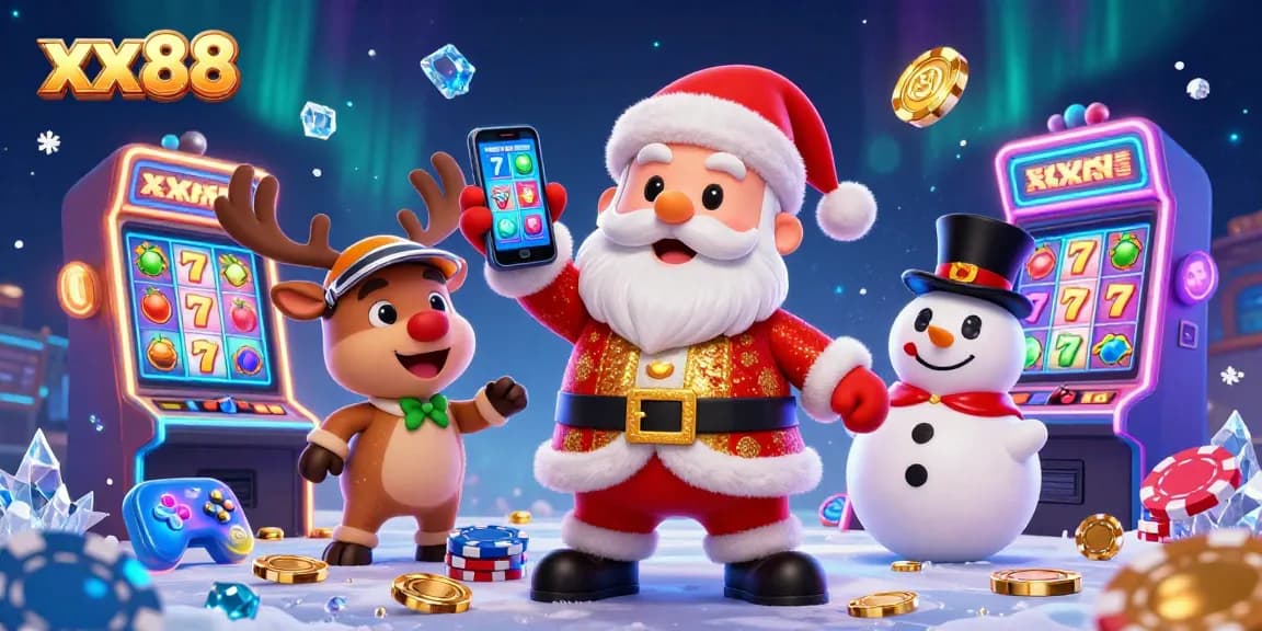 Spin and win with xx 88's vibrant casino scene featuring Santa, a reindeer dealer, and a poker chip snowman