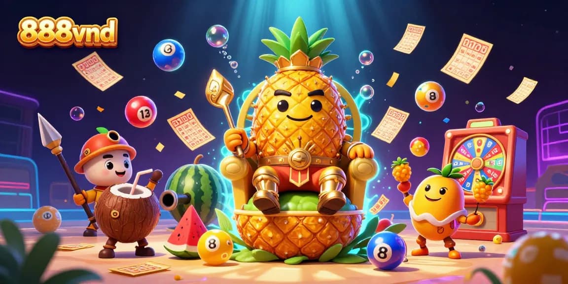 Engage with vibrant 888vnd gambling scene featuring golden pineapple king with bold casino elements for an exhilarating experience.