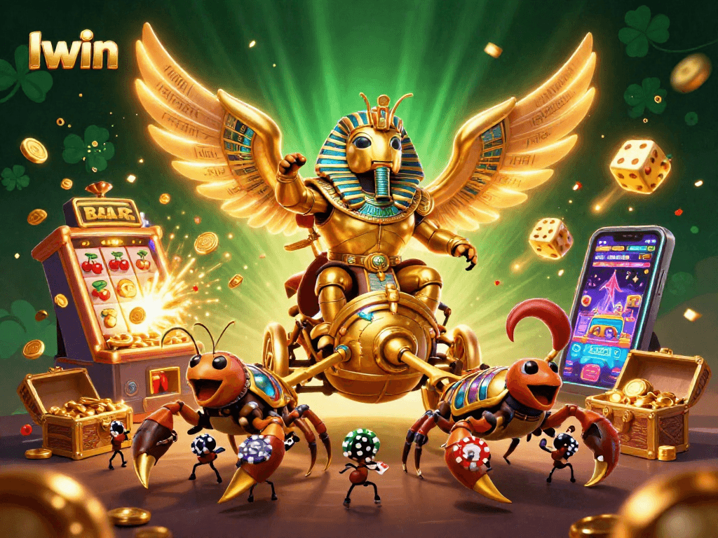 Iwin casino illustration featuring a golden scarab beetle with scorpions, showcasing vibrant gaming elements and jackpot excitement.