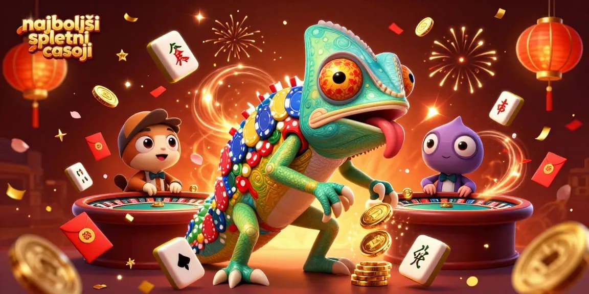 Prikaz najboljših spletnih casinojev z animiranim kameleonim in prazničnimi elementi.