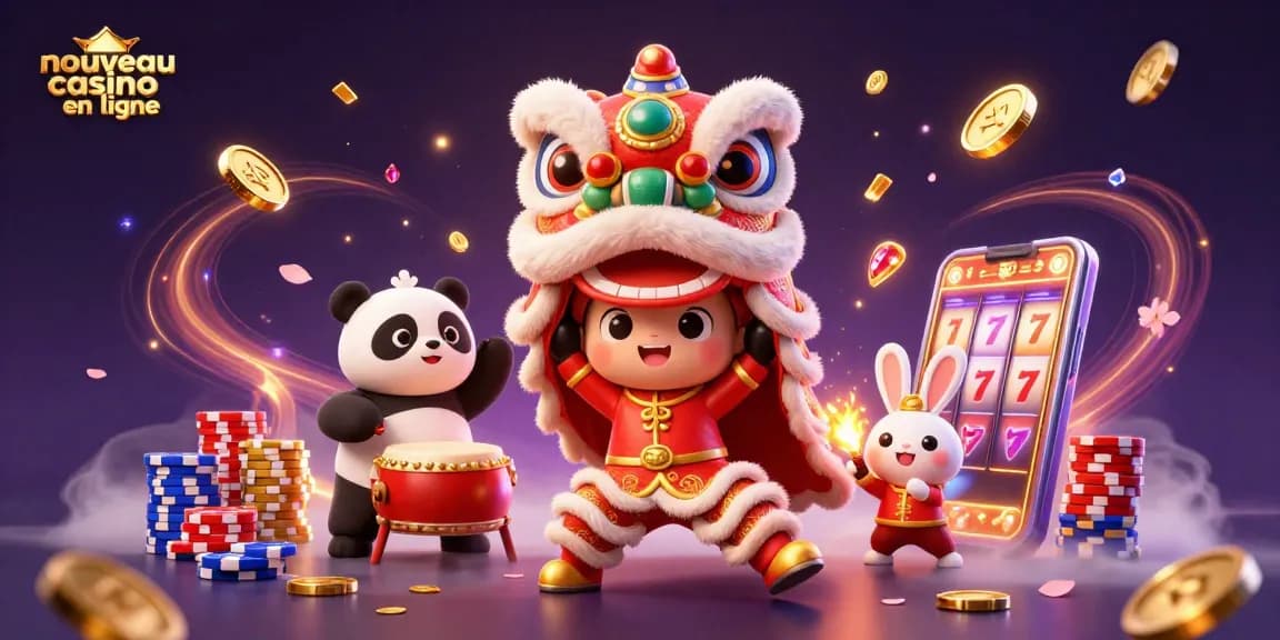 Plongez dans l'univers du nouveau casino en ligne avec une fête animée comprenant un lion dansant, des pièces en or et des jeux de casino.