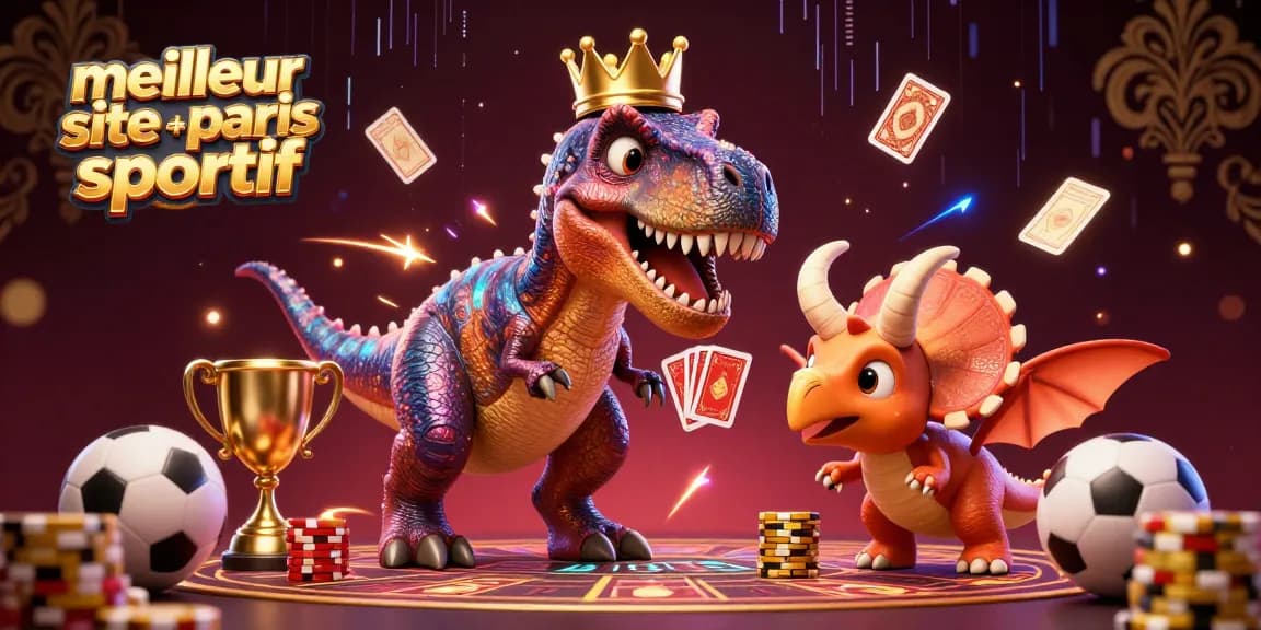 Plongez dans l'univers du meilleur site de paris sportif où un T-Rex s'aventure à jouer aux cartes, le tout rempli d'énergie ludique.