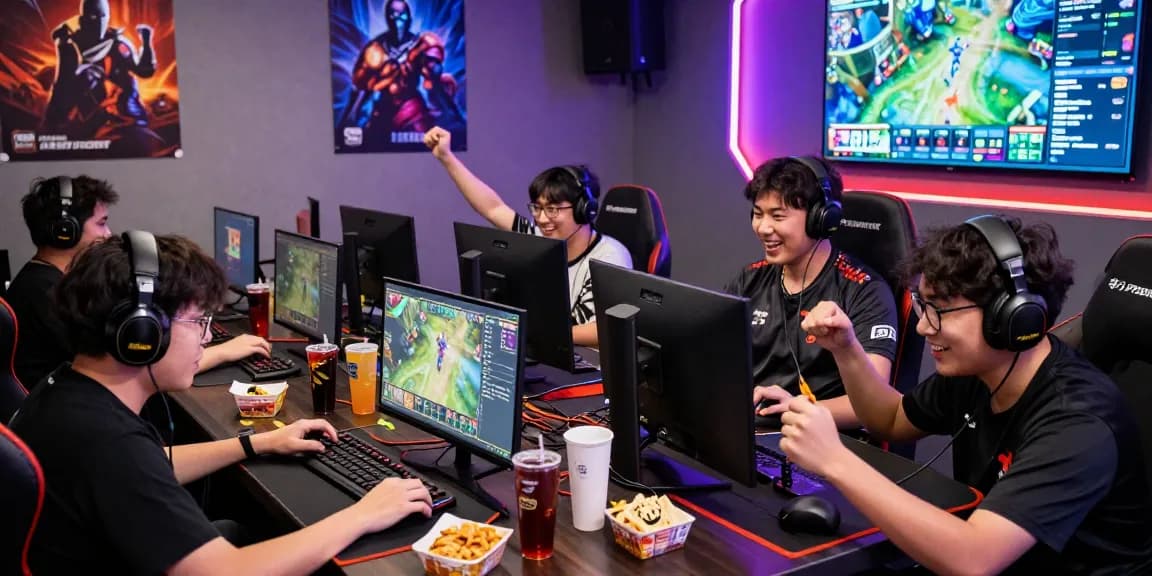 Gamers enjoying thrilling we88 PGSLOT in a lively esports lounge, surrounded by gaming gear.