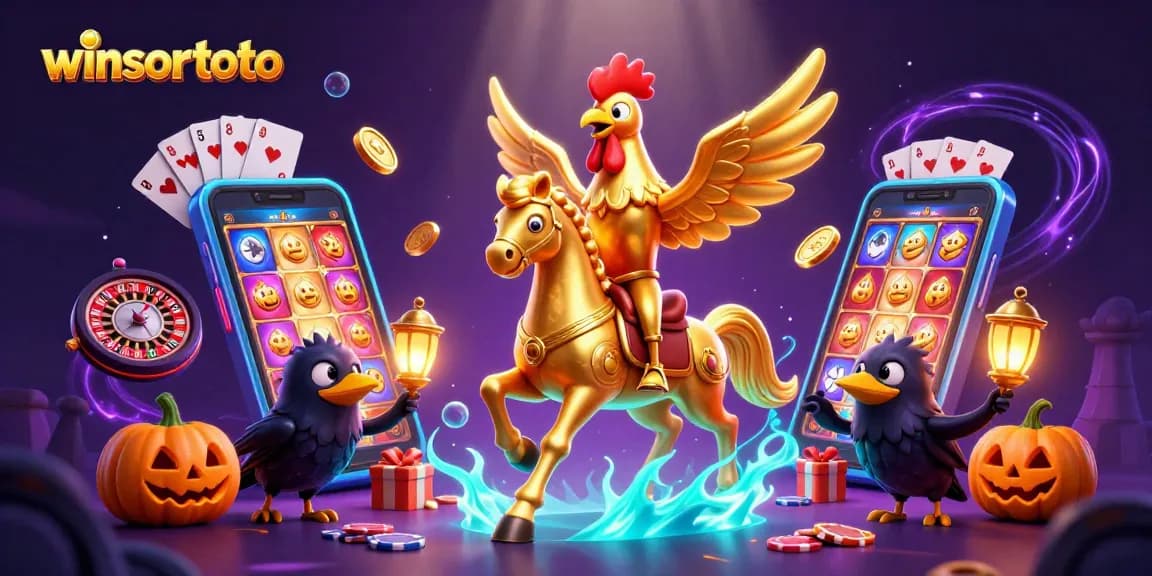 Menangkan permainan kasino dengan winsortoto dan simbol keberuntungan yang mengelilingi karakter unik.