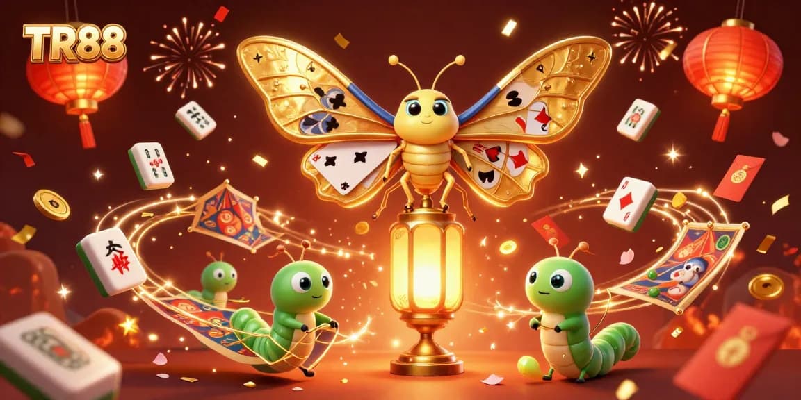 Experience TR88's enchanting casino world with vibrant moths and golden gaming elements.