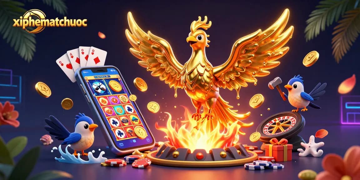 Xiphematchuoc offers intense gaming action. Experience a molten phoenix and vibrant casino elements in this colorful scene.