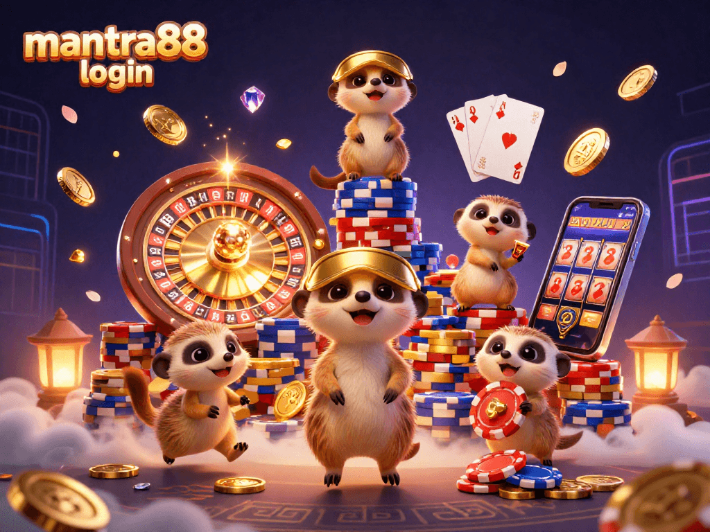 Experience the thrill of mantra88 login with an engaging 3D casino scene featuring meerkats and dynamic game elements.