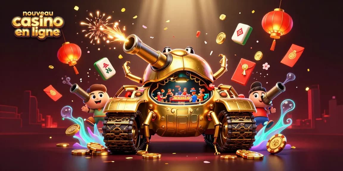 Nouvelle illustration 3D d'un nouveau casino en ligne avec des éléments de jeu étincelants et un tank joyeux.