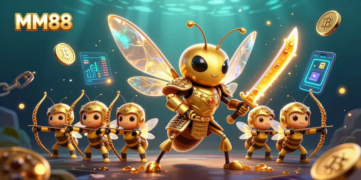 Experience MM88's thrilling action with a golden hornet, bee archers, and crypto elements in a dynamic casino scene.