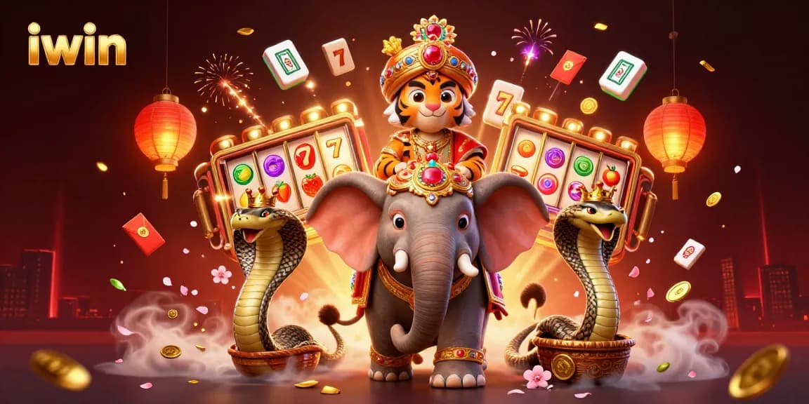Spin the reels at iwin with a vibrant casino scene featuring a maharaja tiger and an elephant.