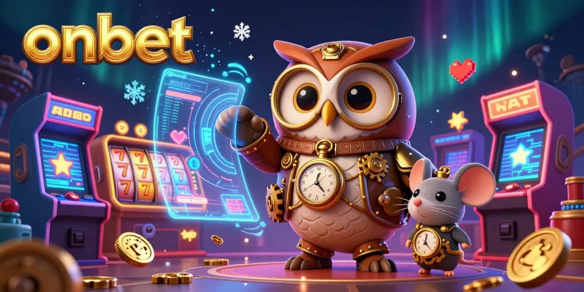 Engage with Onbet's vibrant casino experience, featuring a time-traveling owl and dynamic slot machines.