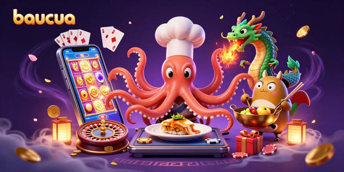 Baucua evokes excitement with vibrant gaming elements featuring a chef octopus, dragon, and tanuki in action.
