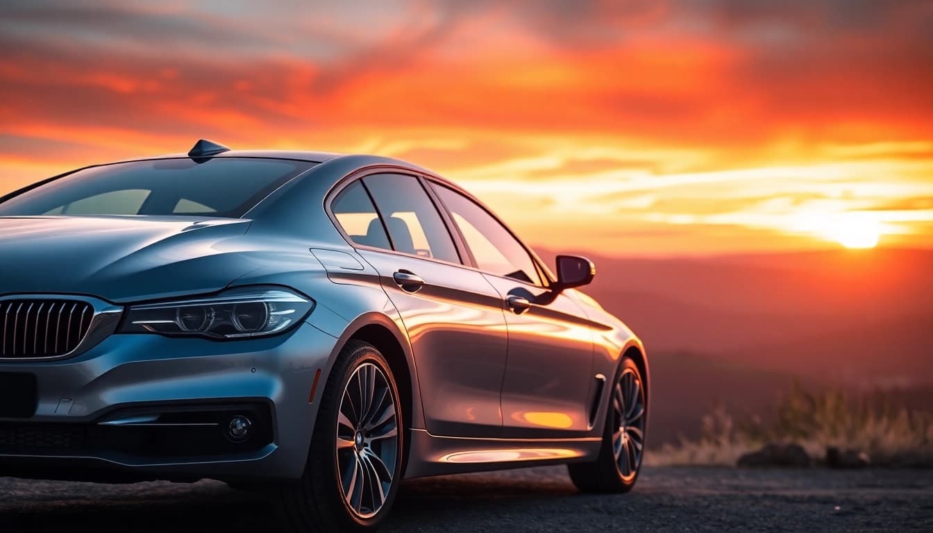 Showcase a Luxury BMW car detailing its sleek design against a sunset backdrop.