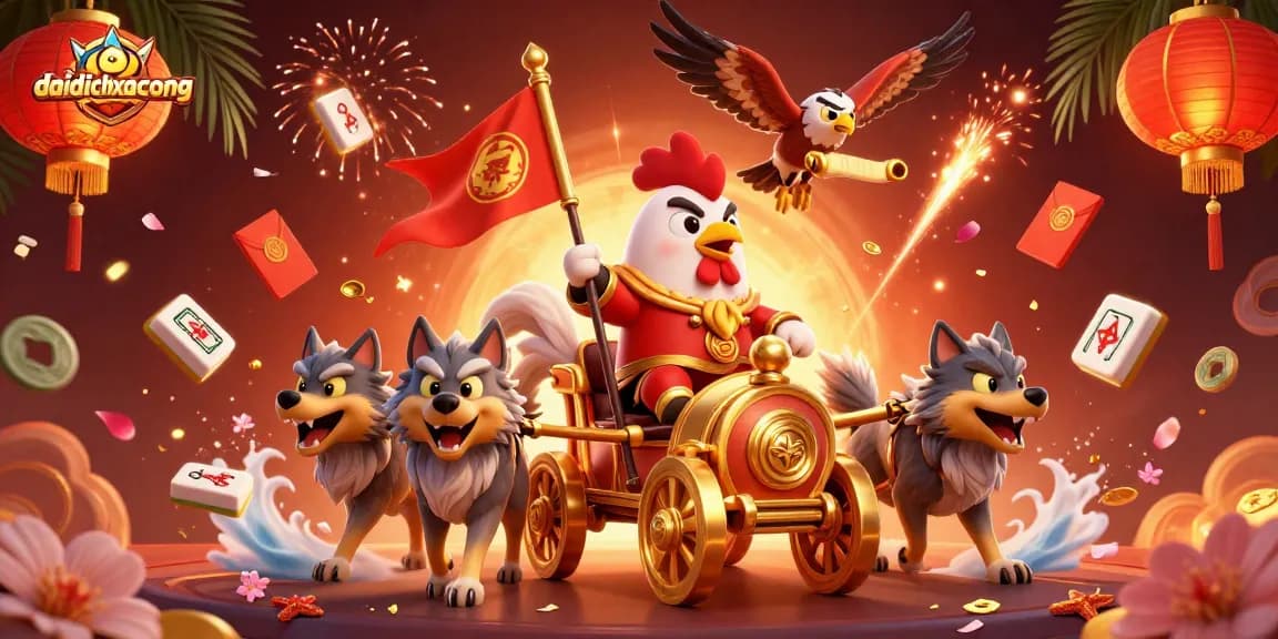 Experience thrilling strategies in daidichxacsong with a battle-ready rooster warlord amidst vibrant casino symbols.