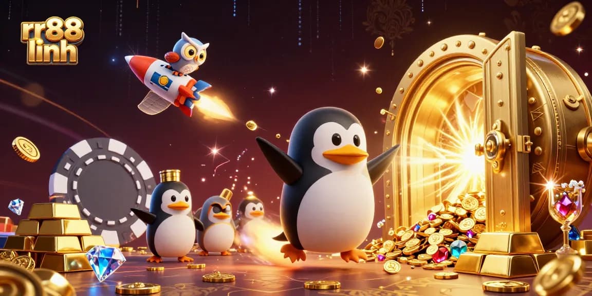 Experience the thrill of rr88 linh with a dynamic 3D casino scene featuring a golden penguin.