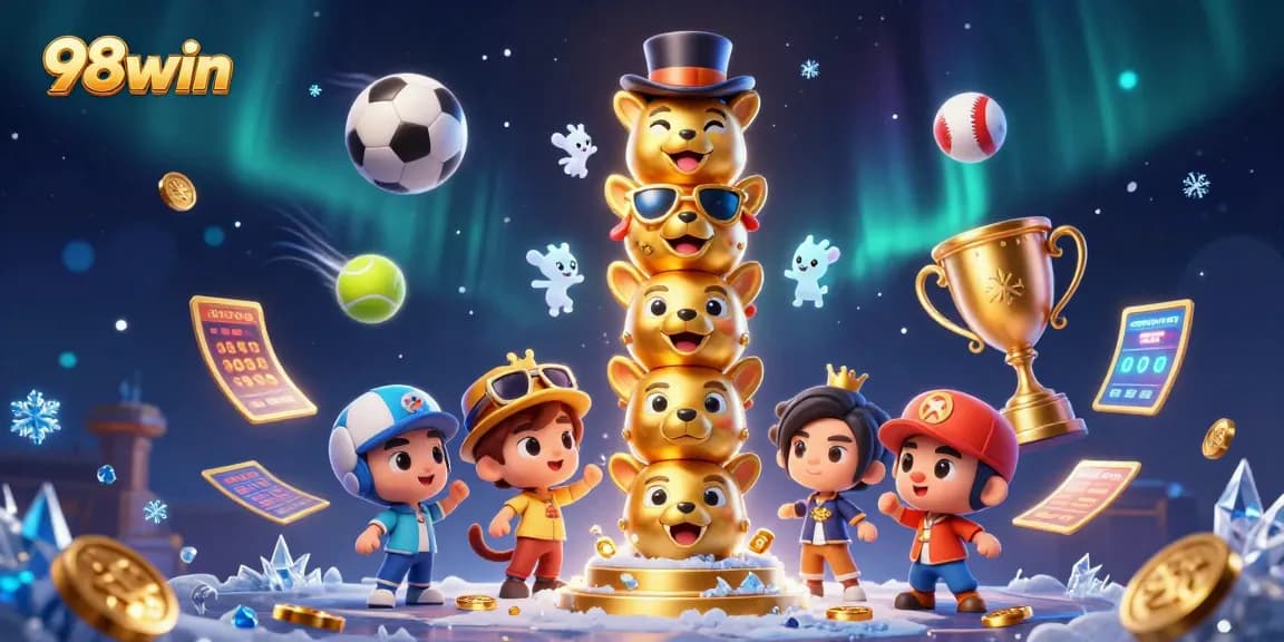 Engage with 98win's vibrant gaming world featuring a golden totem and dynamic sports elements.