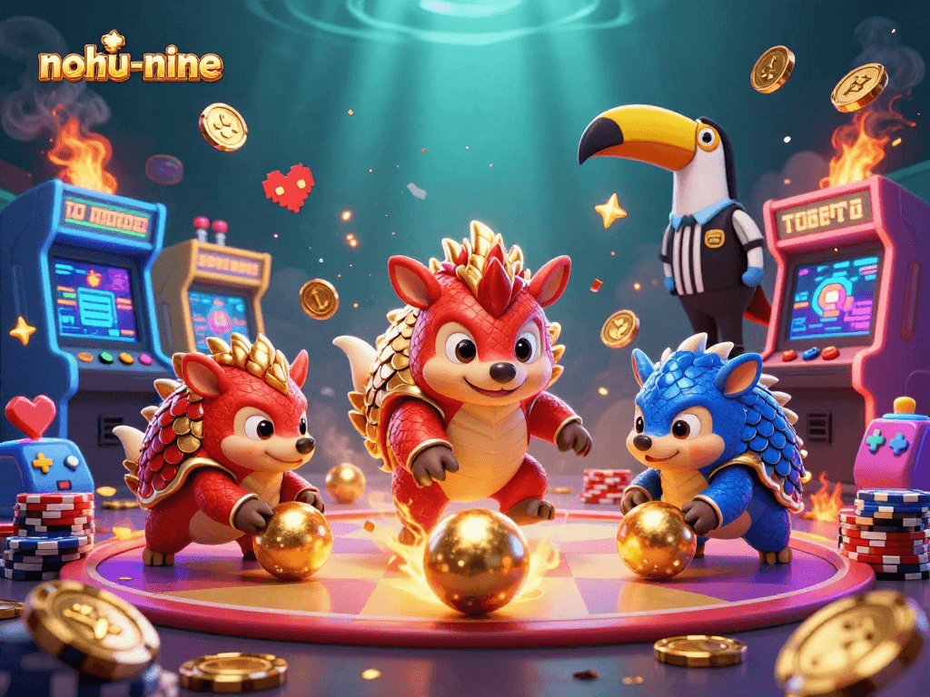 Experience exciting gameplay in nohu-nine, featuring animated pangolins and poker chips in a rich 3D casino scene.
