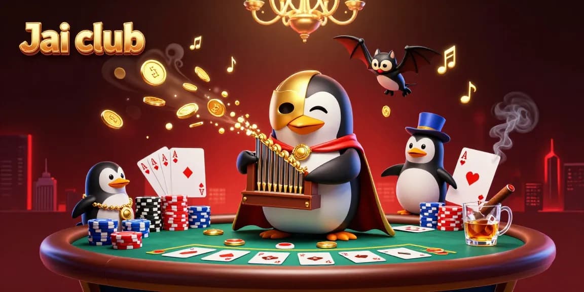 Experience the thrill with Jai club's dynamic casino scene featuring a penguin organist and poker elements.
