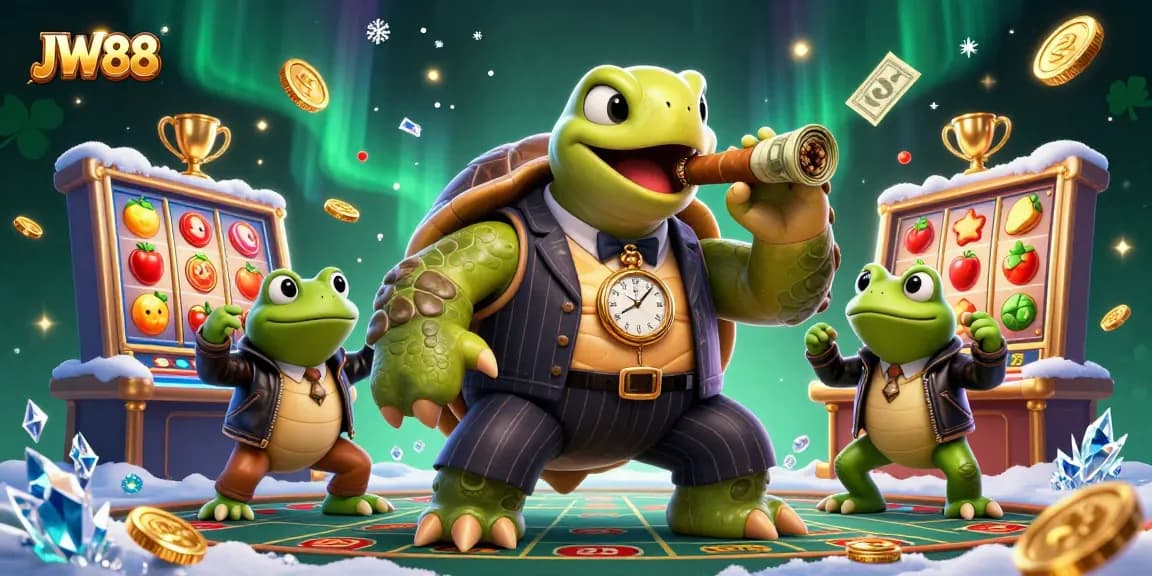 Bet big with JW88! Experience a lavish casino scene featuring a snapping turtle in a mobster suit.