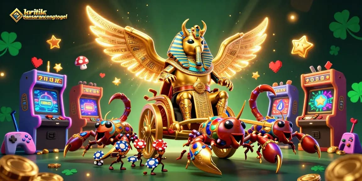 Engage in gaming with kritikdansarancongtogel, featuring a golden scarab and vibrant casino elements.