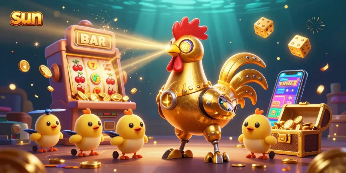 Spin and win with the sun-themed slot machine and vibrant casino elements in a festive scene.
