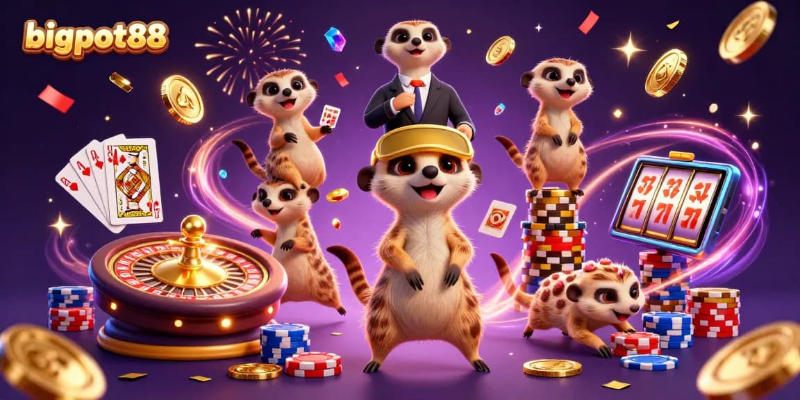 Experience bigpot88's exciting casino realm with adorable meerkats in a lively gaming scene.