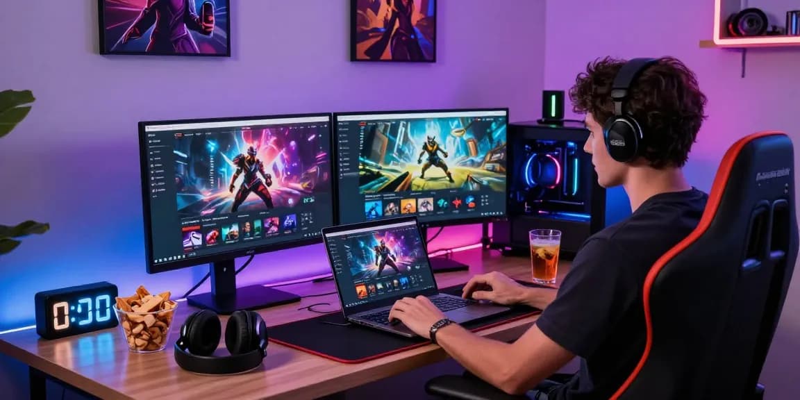 User accessing springshall.org gaming portal on a laptop in a vibrant gaming setup.