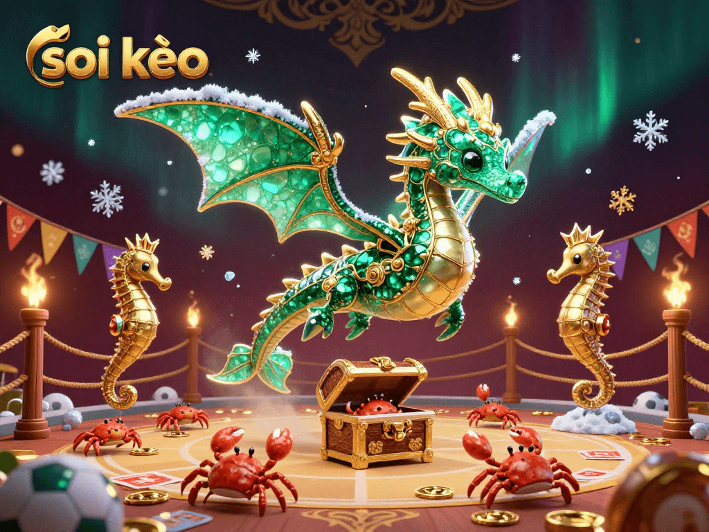 Experience the thrill of soi kèo in this vibrant illustration featuring a majestic sea dragon surrounded by betting elements and sports atmosphere.