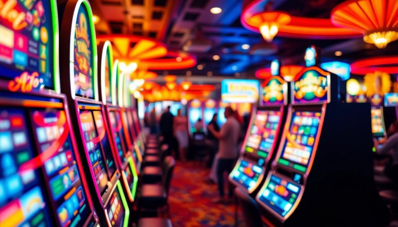 Engage in slot gambling amidst a vibrant casino atmosphere filled with exciting machines and bright lights.