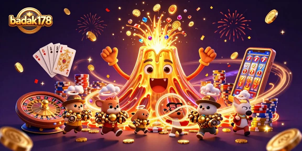 Spin to win at badak178 with vibrant casino elements, golden volcano, and treasure in a thrilling scene.